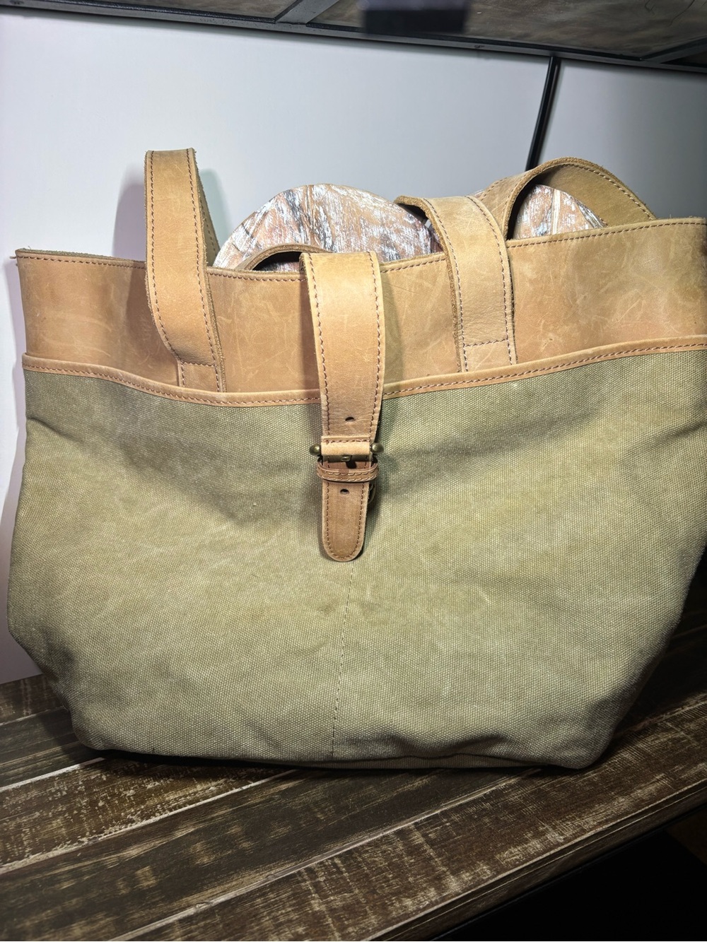 LL Bean Canvas & Leather Tote Bag in Tan and Olive